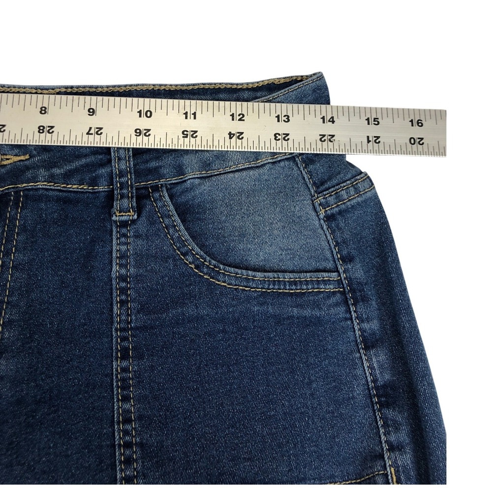 Shein Womens Petite L Dark Wash Denim Cargo Flare Jeans Buckle Strap Blue Retro - Picture 6 of 11